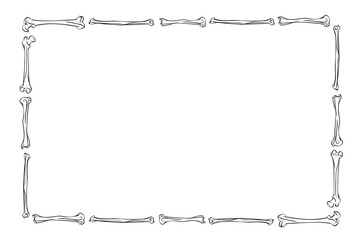 Hand drawn vector abstract graphic line art frame banner of Human skeleton, bones and joints, isolated on white background. Vector hand drawn sketch illustration. Doodle Halloween anatomy icons set.