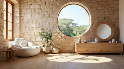 Minimalist hall with natural stone walls, an armchair and a large round mirror. Natural light from a large window