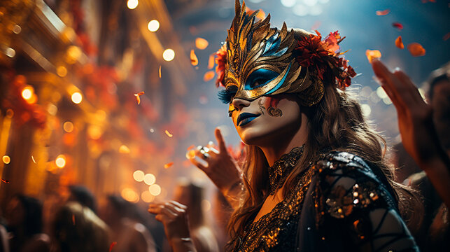 Elegant Masked Ball in Vibrant Attire. Generative AI.