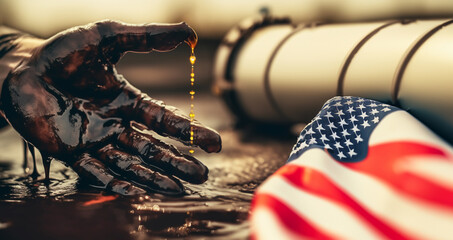 Oil pipeline and natural gas. Oil pipeline Destruction and spilled oil at oil field. Gas production and crude refenery. Worker's dirty hand in crude pipe near oilfield. USA economic war American flag