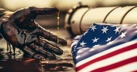 Oil pipeline and natural gas. Oil pipeline Destruction and spilled oil at oil field. Gas production and crude refenery. Worker's dirty hand in crude pipe near oilfield. USA economic war American flag
