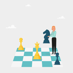 An office worker stands on a chessboard and moves a giant knight chess piece. Modern concept of strategic game, strategic planning, tactics in business competition. Vector illustration.
