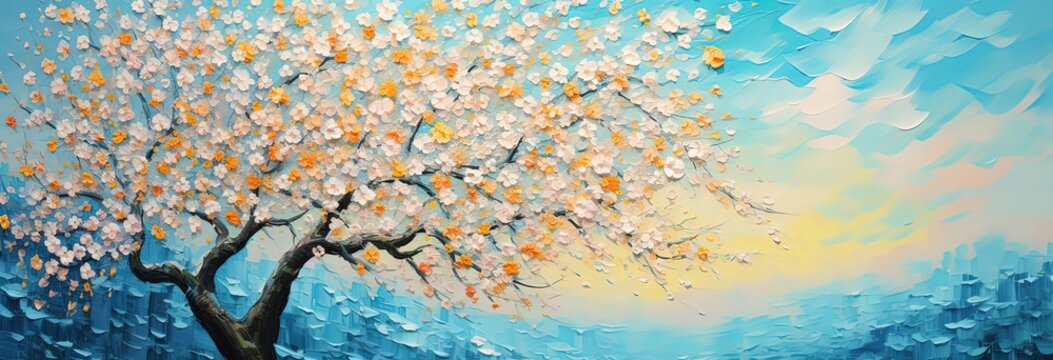 painting style illustration, flower blossom tree with nature landscape, Generative Ai