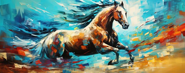 painting style illustration , a horse running at shallow water shore with water splash, Generative Ai