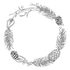 Christmas Wreath vector illustration. Hand drawn graphic clip art on isolated background. Linear drawing of round frame border. Outline sketch of pine cone and spruce branch. Black contour line art