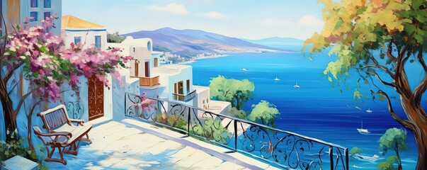 painting style illustration, seascape from balcony clifftop house, Generative Ai