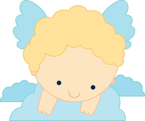 Сute little angel looks out behind the clouds. Vector colorful illustration for card, poster or banner