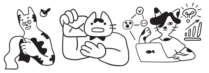 Fototapeta premium set of cat characters in vector. business icon in doodle style. linear illustration infographics. Template for logo sticker poster icon app website. Business icon series