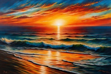 Obraz premium An oil pastel painting of a radiant sunset over a calm ocean, akin to J.M.W. Turner, bold colors, serene atmosphere.