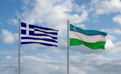 Uzbekistan and Greece flags, country relationship concept