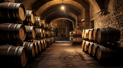 Cellar with barrels for storage and aging of wine - obrazy, fototapety, plakaty