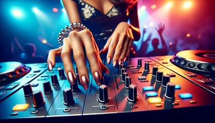 Detailed view of female DJ's hand operating mixer table in disco club