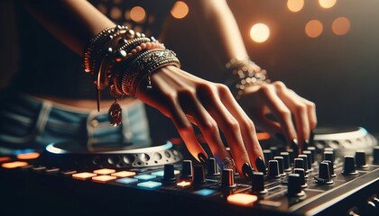 Close-up of female DJ's hand adjusting controls on mixer table in club