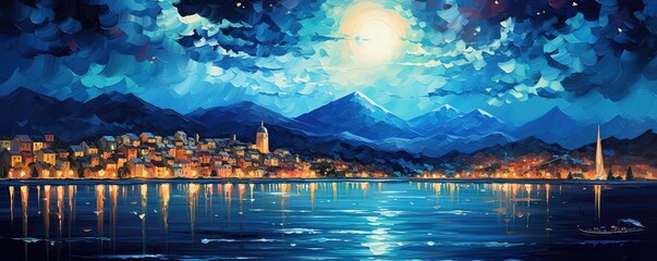 painting style illustration, big urban city under starry night sky, Generative Ai