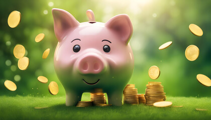 piggy bank with coins and green grass