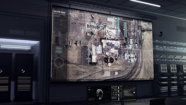 Future military satellite tech scanning the selected town region. Future military satellite flying above the chemical plant. Future military satellite sends coordinates information to special forces.
