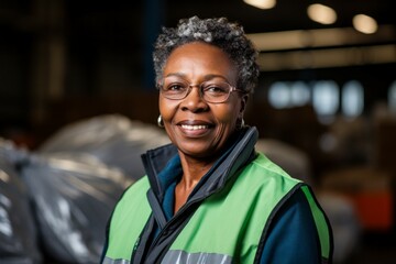 A woman at a waste processing plant. Garbage collection and disposal. Portrait with selective focus and copy space - obrazy, fototapety, plakaty