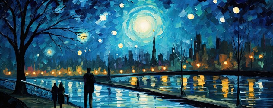 painting style illustration, big urban city under starry night sky, Generative Ai