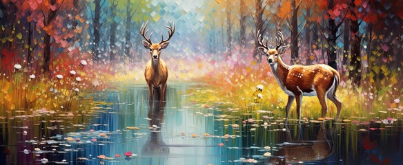 painting style illustration, two stag walking in grassland brook, Generative Ai 