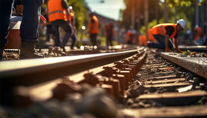 Workers carry out repair work tightening bolts on the street. Installation of railway rails for trams and reconstruction of tram tracks. Generative AI