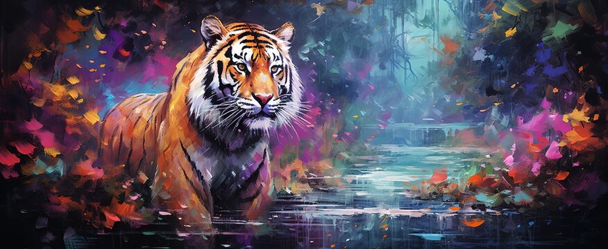 painting style illustration, tiger in lush jungle with flower blossom bush, Generative Ai