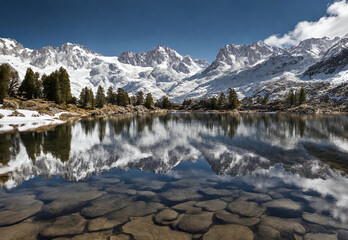 Fototapeta na wymiar Crystal clear lake reflecting snow capped Sierra Nevada mountains.