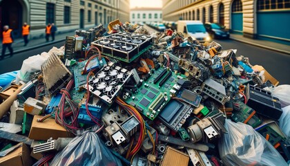 Close-up of discarded computer hardware and electronic waste in an urban setting.
