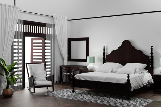 Vintage bedroom interior with bedding and pillows. Mockup frame on the blue wall. 3D render