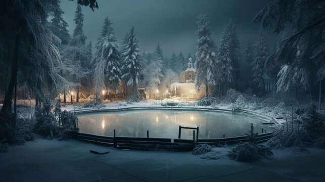 A frozen pond transformed into an ice rink, surrounded by towering evergreens.