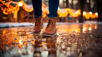 Young Woman Wearing Boots Walking in the Rain. Generative AI.