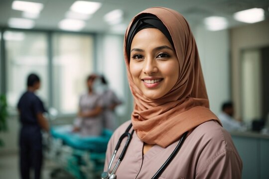 Portrait of confident female nurse wearing hijab in a hospital or doctor's office smiling at camera