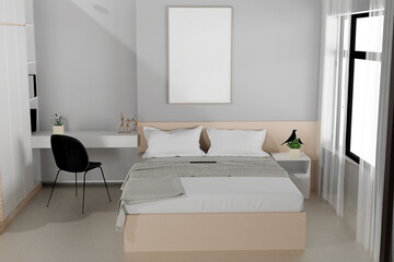 Fototapeta na wymiar Bed with blanket and table with chair in bedroom interior with frame mockup, 3D render