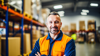 Gérant d'un entrepôt de stockage souriant,  avec gilet fluo de sécurité