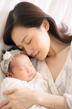 Close-up vertical photo of a lovely Asian mother shares moment with child nestled in arms in tender care and warmth. Loving mom holds baby close in moment filled with tenderness with affection.