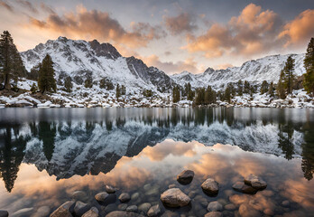 Crystal clear lake reflecting snow capped Sierra Nevada mountains.