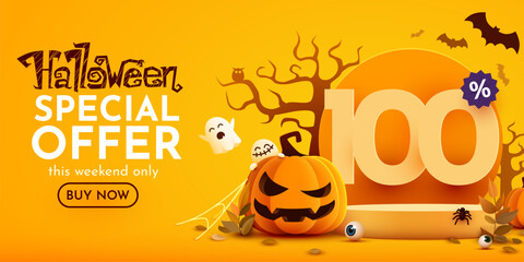 100 percents off. Halloween sale banner template. Podium and numbers with amount of discount. Special October offer.