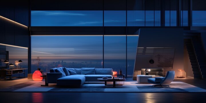 A modern and minimalist living room, with a 3 D fractal texture, and a blue hour lighting effect. AI Generative
