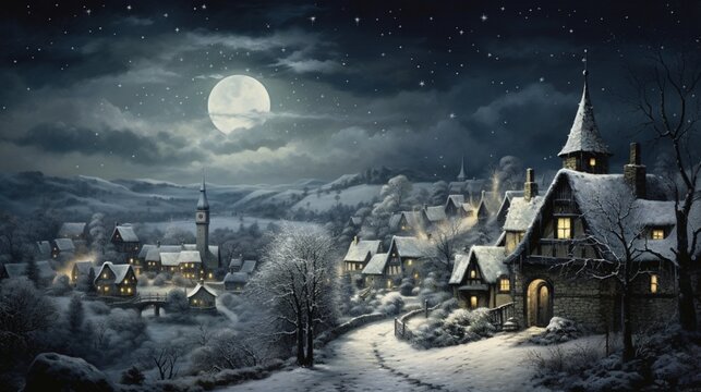 A gentle snowfall, with flakes softly descending upon a sleepy, idyllic village.
