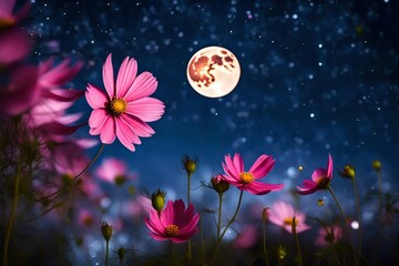  Beautiful pink flower blossom in garden with night skies and full moon.