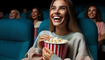 Young woman in a movie theater, visibly entertained with popcorn in hand, exemplifying a perfect movie night.