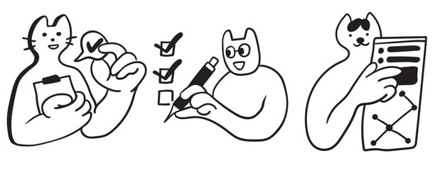 set of cat characters in vector. business icon in doodle style. linear illustration infographics. Template for logo sticker poster icon app website. Business icon series