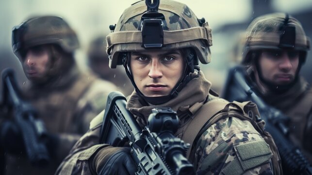 Close-up of an infantrymen capable of executing precision missions with efficiency. Infantrymen armed with state-of-art weaponry allows to carry out precision missions with high degree of accuracy