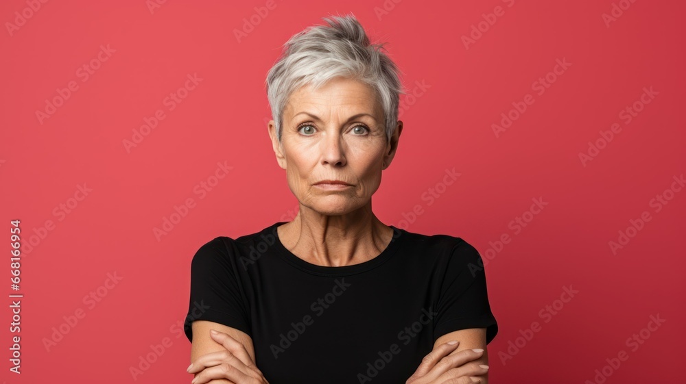 Wall mural Portrait of a middle-aged woman model with short hair. Face expression. Isolated on a colored background. Generative AI.