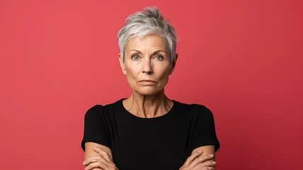 Foto op Canvas Portrait of a middle-aged woman model with short hair. Face expression. Isolated on a colored background. Generative AI. © Tuyres
