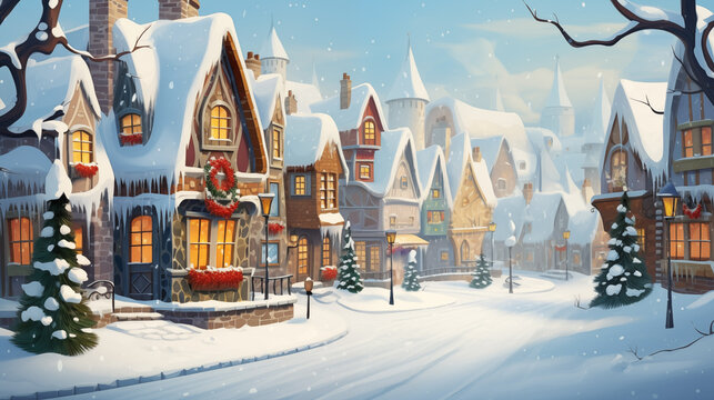 Cozy Snowy Village with Charming Character Illustrations
