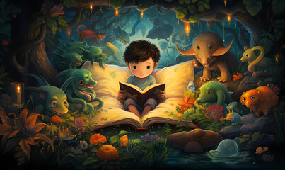 un petit garçon lit un livre dans sont lit et s'imagine vivre des aventures - style illustration - obrazy, fototapety, plakaty