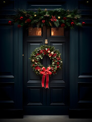Fototapeta na wymiar Festive Christmas wreath with ribbon adorning an elegant front wooden door.