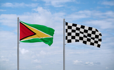 Checkered racing and Guyana flags, country relationship concept