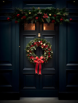 Festive Christmas wreath with ribbon adorning an elegant front wooden door.