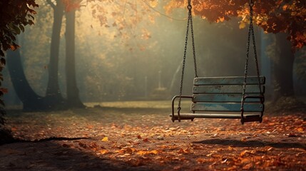 A lone swing swaying in a park, leaves falling around it as autumn bids farewell.